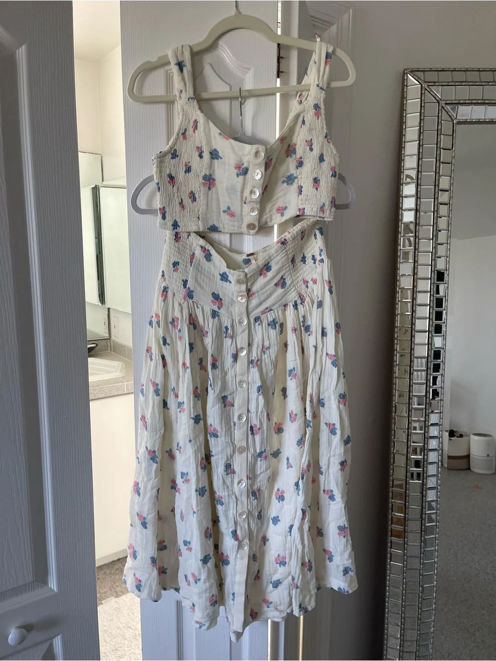 Free People White Floral Button-Front Skirt Set with Pink & Blue Accents